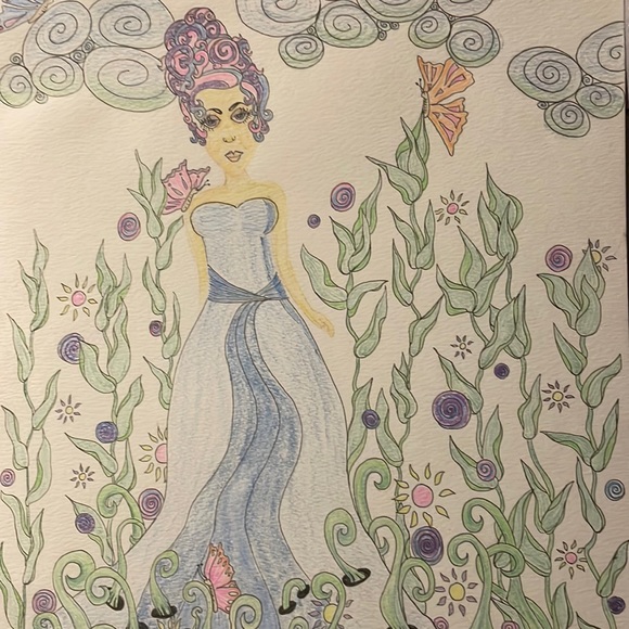 Unframed Original Art Watercolour & Pencil Crayon Whimsical Beauty in Garden - Picture 1 of 6